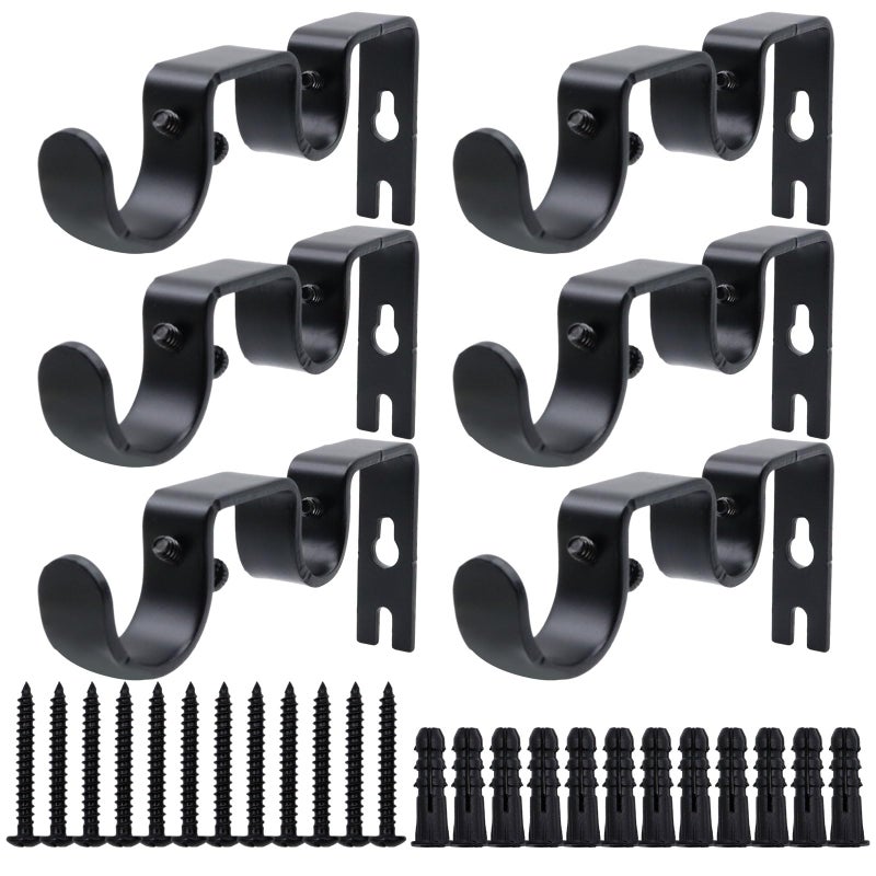 Shonmogar Double Curtain Rod Bracket 6 Pack Metal Curtain Rod Holders for Wall Sturdy Curtain Bracket for 1 Inch Curtain Rod Black Wall Mounted Curtain Rod Hooks for Bedroom Living Room Patio - Image 1